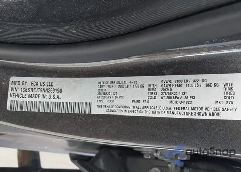 2022 Ram 1500 Laramie 4X4 5'7 Box z USA, uszkodzony, nr VIN 1C6SRFJT9NN269190